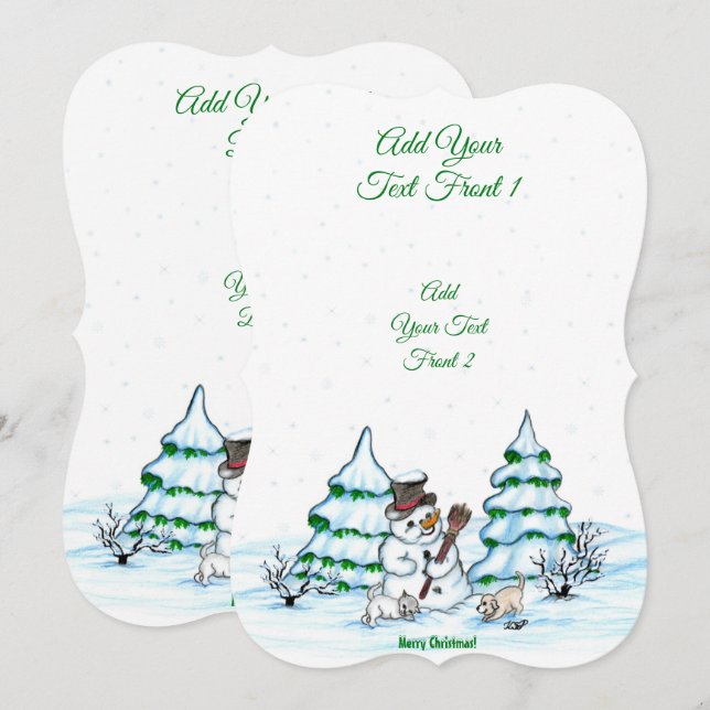 Invitation Joyeux Noël ! Snowman avec chat et chiot (Devant / Derrière)