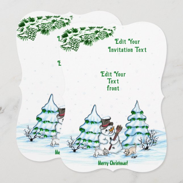 Invitation Joyeux Noël! Snowman avec chat et chiot Invita (Devant / Derrière)