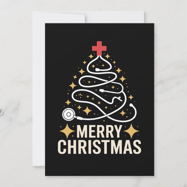 Invitation Joyeux Noël Stéthoscope Arbre Infirmière Docteur X (Devant)