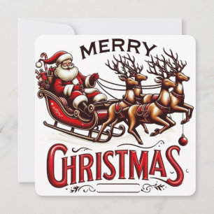 Invitation Joyeux Noël traîneau du Père Noël & rennes Vintage