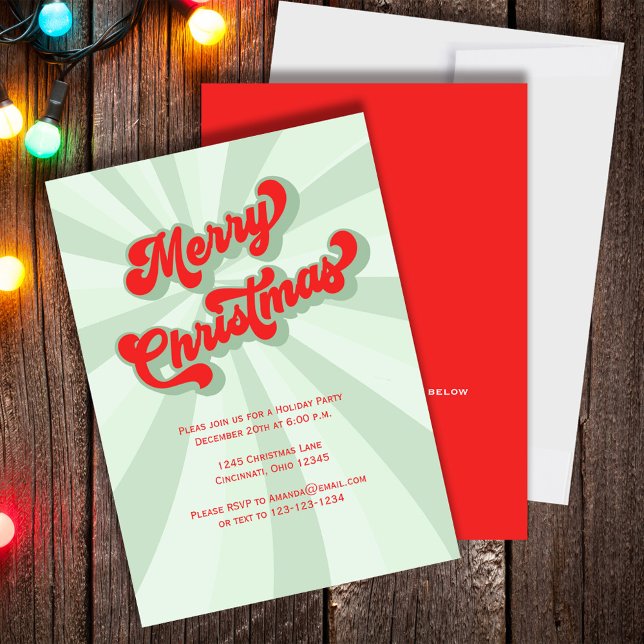 Invitation Joyeux Noël Typographie Rétro Verte Code QR (Merry Christmas whimsical retro style typography invitation.)
