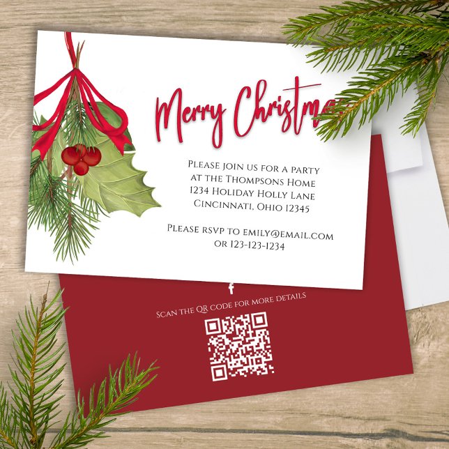 Invitation Joyeux Noël Vacances Rouge Calligraphie QR Code (Merry Christmas calligraphy party invitation with watercolor winter greenery and foliage. )