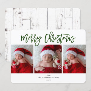 Invitation Joyeux Noël vert blanc bois photo de vacances