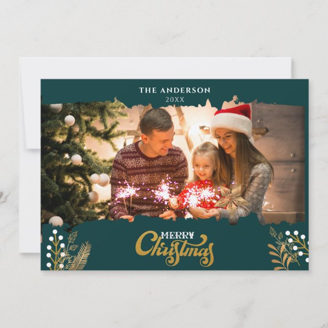 Invitation Joyeux Noël Vert et or Arche photo Vacances (Devant)