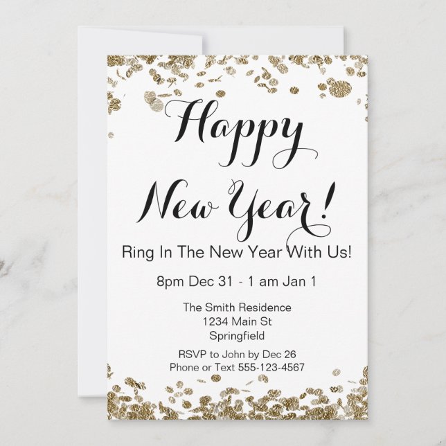 Invitation Joyeux Nouvel An Elegant Or et blanc Confetti (Devant)