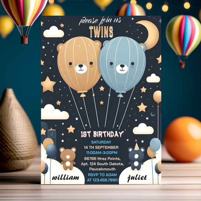 Invitation Joyeux ours commun Hot Air Balloon Twins 1er anniv (Créateur téléchargé)