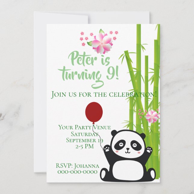Invitation Joyeux Panda avec bambou et fleurs de cerisiers An (Devant)