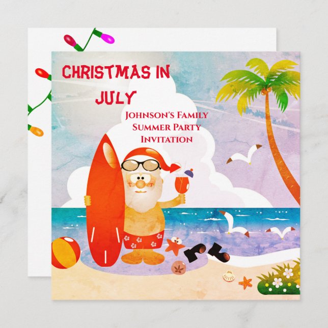 Invitation Joyeux Père Noël Noël en Juillet Fête d'été   (Devant / Derrière)