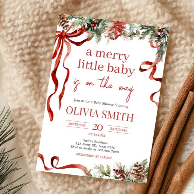Invitation Joyeux petit Baby shower Père Noël de Noël (Red Bow Merry Little Christmas Baby Shower Invitation)