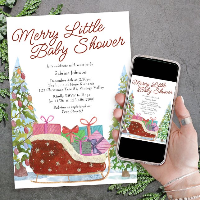 Invitation Joyeux petit Baby shower Vintage traîneau (Merry Little Baby Shower Invitation for the holiday season with christmas tree and red velvet sleigh)