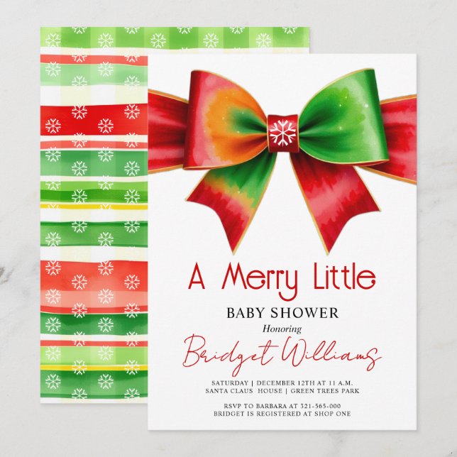 Invitation Joyeux petit bébé Noël douche rouge, vert nœud (Devant / Derrière)