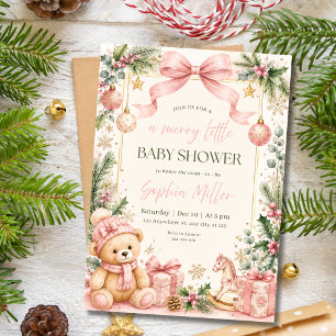 Invitation Joyeux petit bébé Noël Ourson Rose Baby Shower