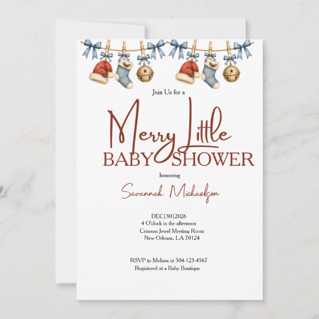 Invitation Joyeux petit Noël Fête de naissance bébé rouge et  (Devant)