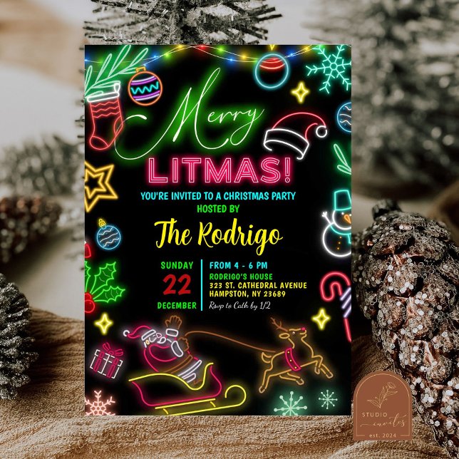 Invitation Joyeux petit Noël Néon Santa Fête de vacances (Créateur téléchargé)