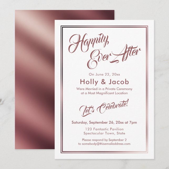 Invitation Joyeux Pour Toujours Rose Gold sur Réception Blanc (Devant / Derrière)