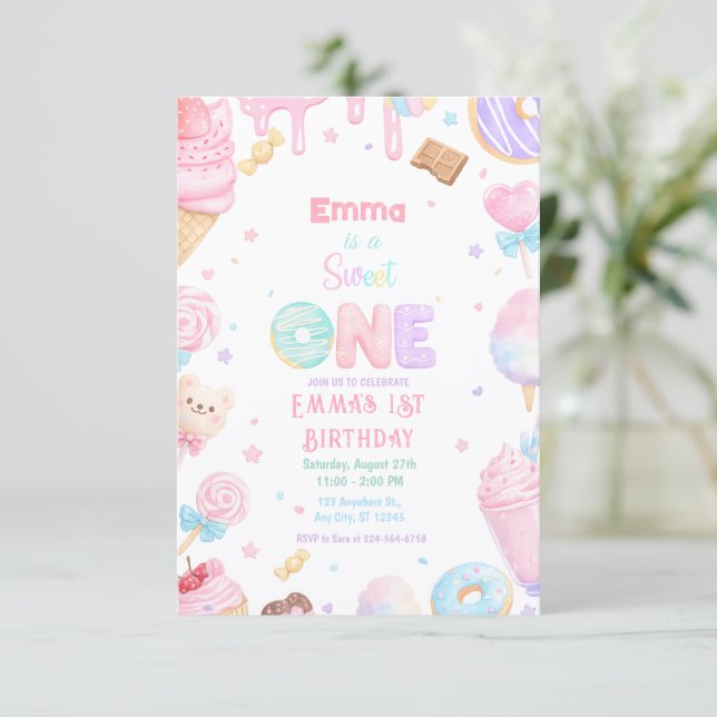 Invitation Joyeux Premier Anniversaire Bonbon Pastel (Debout devant)