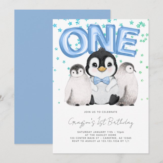 Invitation Joyeux premier anniversaire de petits pingouins mi (Devant / Derrière)
