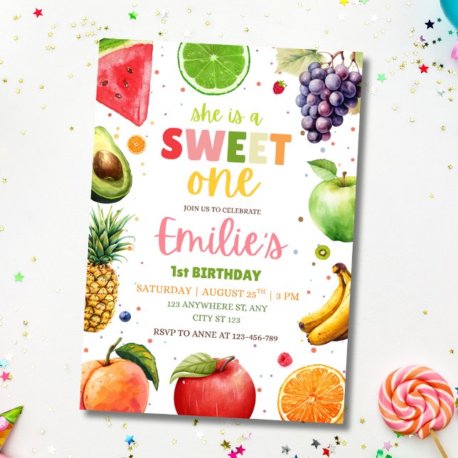Invitation Joyeux Premier Anniversaire Fille Fête d'été Fruit (Créateur téléchargé)