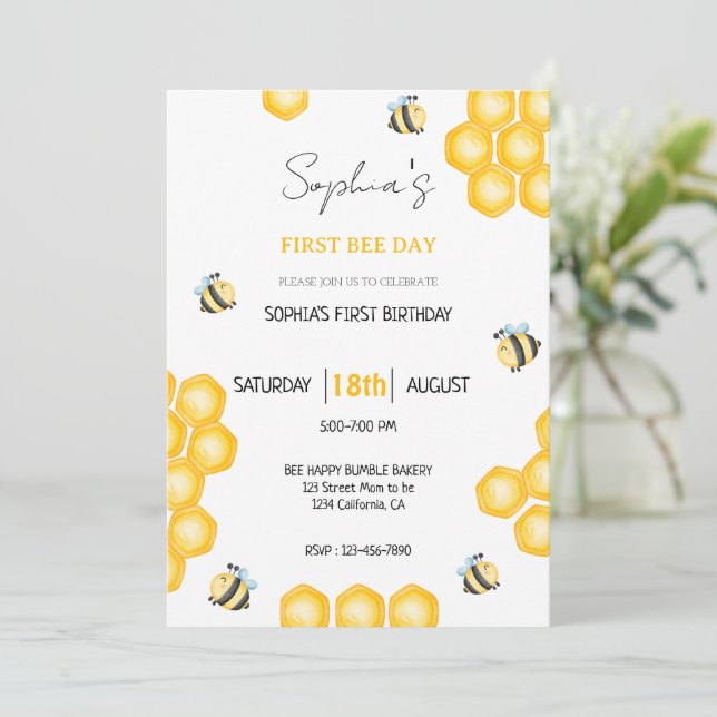 Invitation Joyeux Premier Anniversaire Fille Thème Abeille (Debout devant)