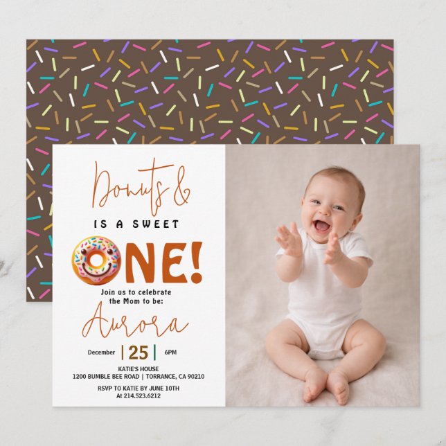 Invitation Joyeux premier anniversaire gâteau donut aquarelle (Devant / Derrière)