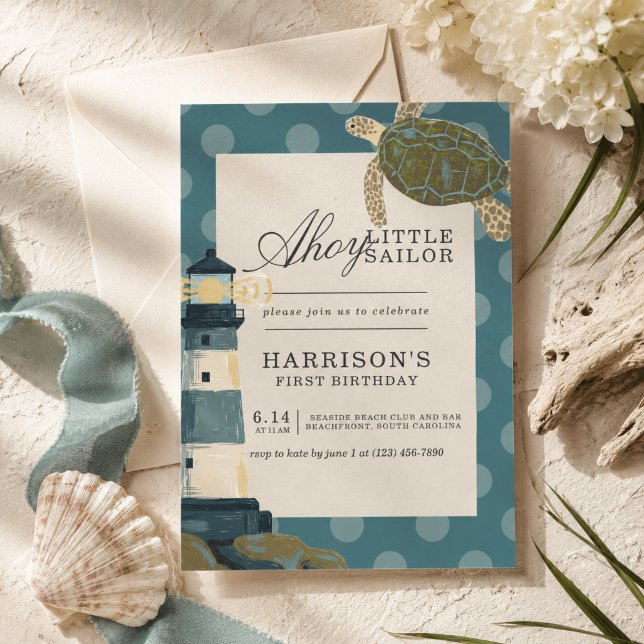 Invitation Joyeux Premier Anniversaire Petit Marin (Ahoy Little Sailor First Birthday Invitation)