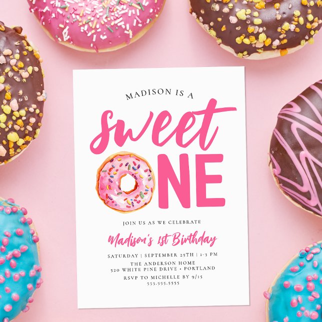 Invitation Joyeux premier anniversaire Sweet One Pink Donut (Créateur téléchargé)