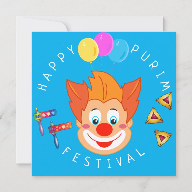 Invitation Joyeux Purim Festival Funny Clown Kids Party (Devant)