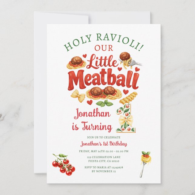 Invitation Joyeux Ravioli Petit Boulette de Pâtes 1er Anniver (Devant)