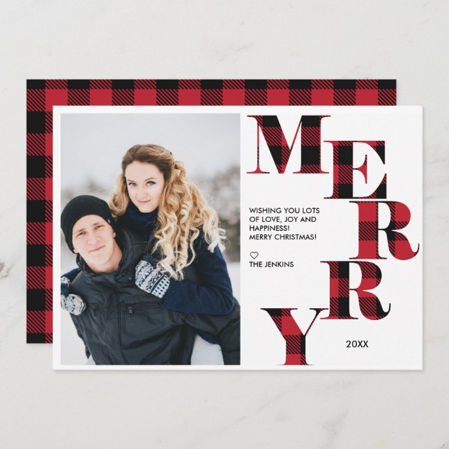 Invitation Joyeux | Red Buffalo Plaid Photo Holiday (Devant / Derrière)