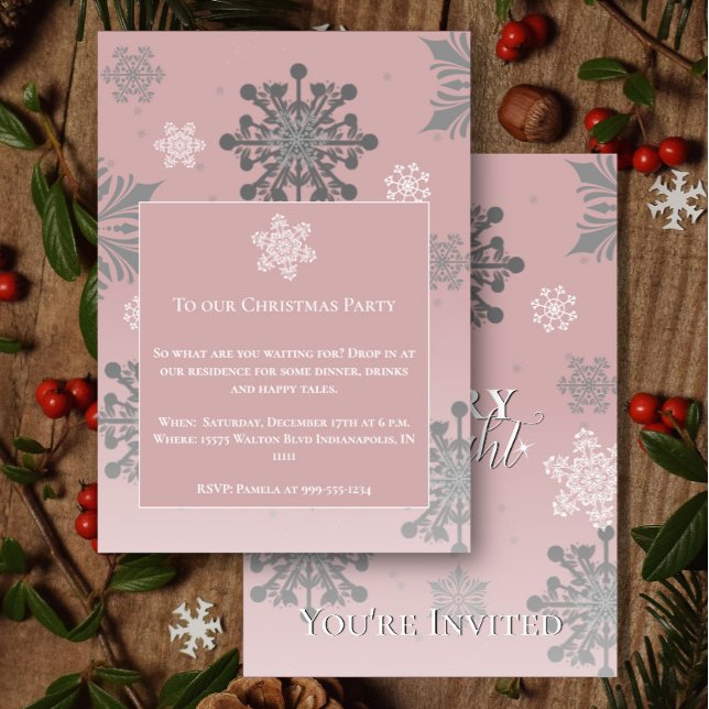 Invitation Joyeux rose et flocons de neige brillants Noël (Pink Merry and Bright Snowflakes Christmas Party Invitation)