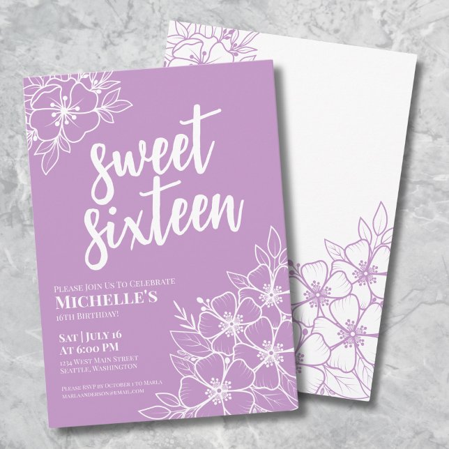 Invitation Joyeux Seize Ans Élégant Violet 16e Anniversaire (16th Purple Floral Sweet Sixteen Birthday Invitation)