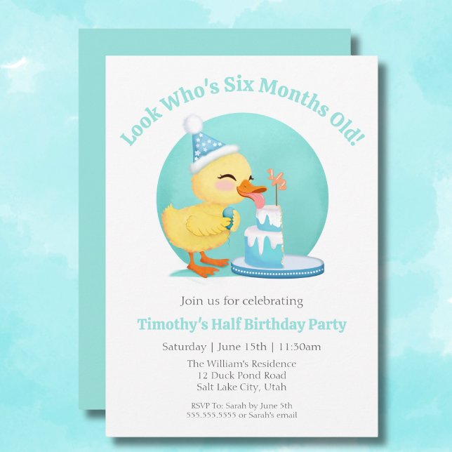 Invitation Joyeux semi-anniversaire bébé canard avec gâteau d (Créateur téléchargé)