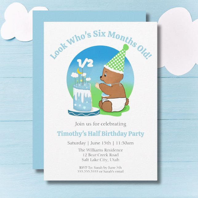 Invitation Joyeux semi-anniversaire bébé ours avec gâteau de  (Créateur téléchargé)