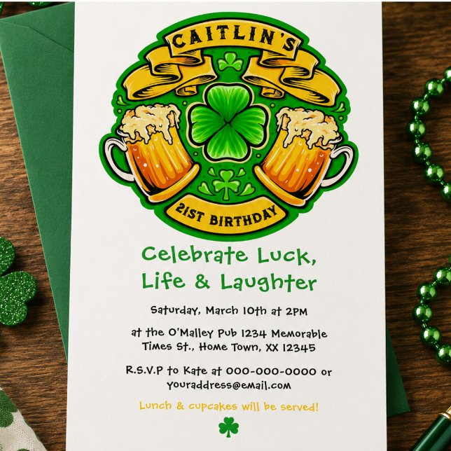 Invitation Joyeux St Patrick Day Trèfle  21e Anniversaire  (Cheers St Patricks Day Shamrock 21st Birthday Invitation)