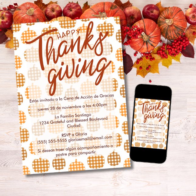 Invitation Joyeux Thanksgiving espagnol Citrouilles à carreau (Créateur téléchargé)