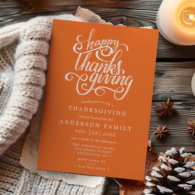 Invitation Joyeux Thanksgiving Moderne Écriture Orange Dîner (Créateur téléchargé)