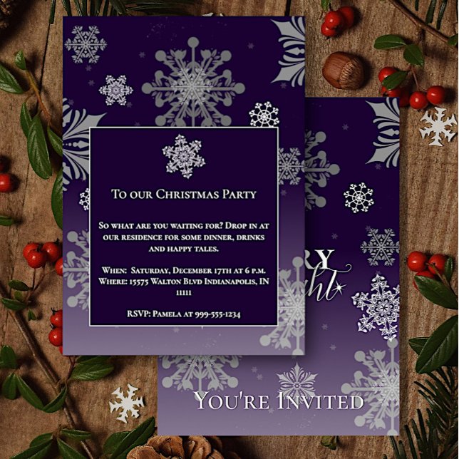 Invitation Joyeux violet et flocons de neige brillants Fête d (Purple Merry and Bright Snowflakes Christmas Party Invitation)