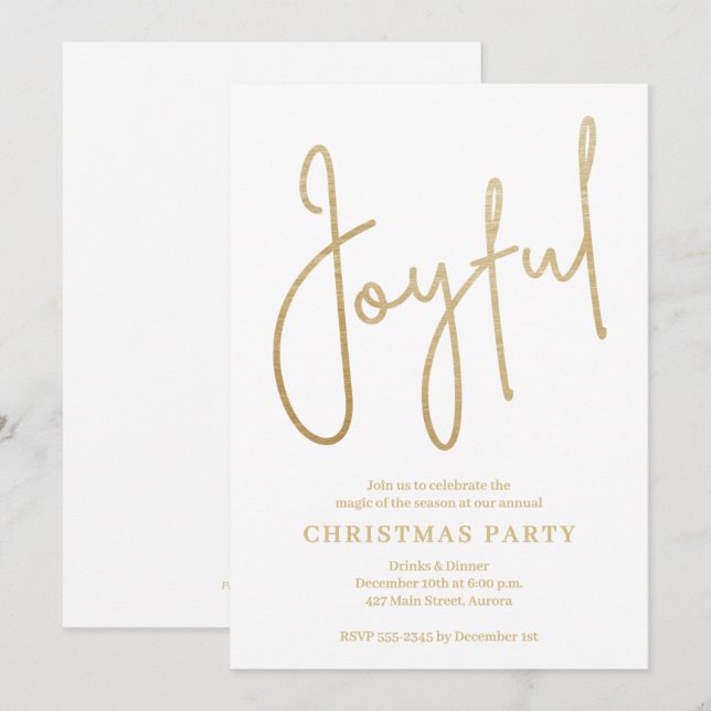 Invitation JOYFUL Or Faux Or sur Blanc Fête de Noël (Devant / Derrière)