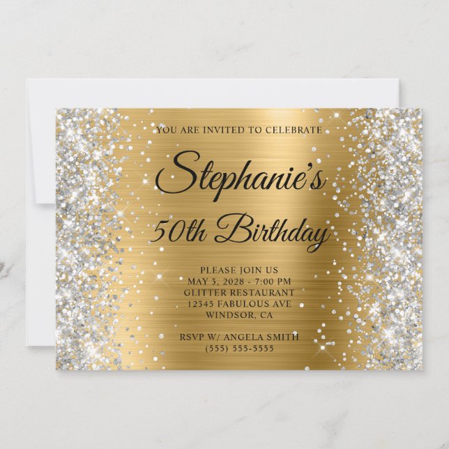 Invitation Jubilé 50 ans Monogramme Paillettes Argent Feuille (Devant)