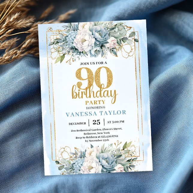Invitation Jubilé 90 ans Bleu Poussiéreux Eucalyptus Or (Dusty Blue Eucalyptus Gold 90th Birthday Milestone)