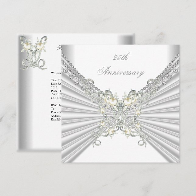 Invitation Jubilé de 25 ans Blanc Perle d'Argent Bijou 2 (Devant / Derrière)
