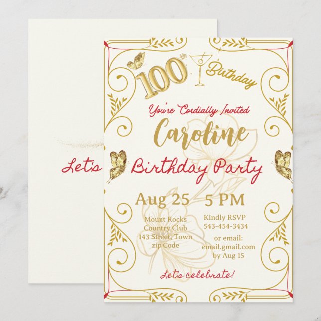 Invitation Jubilé du 100e anniversaire Élégant (Devant / Derrière)