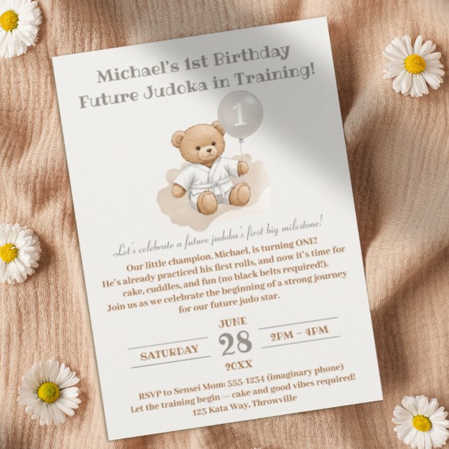 Invitation Judo Bear’s First Belt" – 1st Birthday White Belt (Créateur téléchargé)
