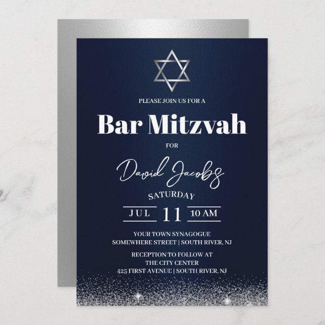 Invitation Juif Bar Mitzvah Star de David Modern Navy bleu (Devant / Derrière)
