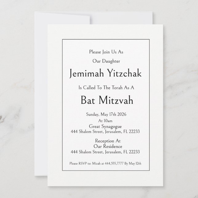 Invitation juive pour Bat Mitzvah, Moderne Minimal (Devant)