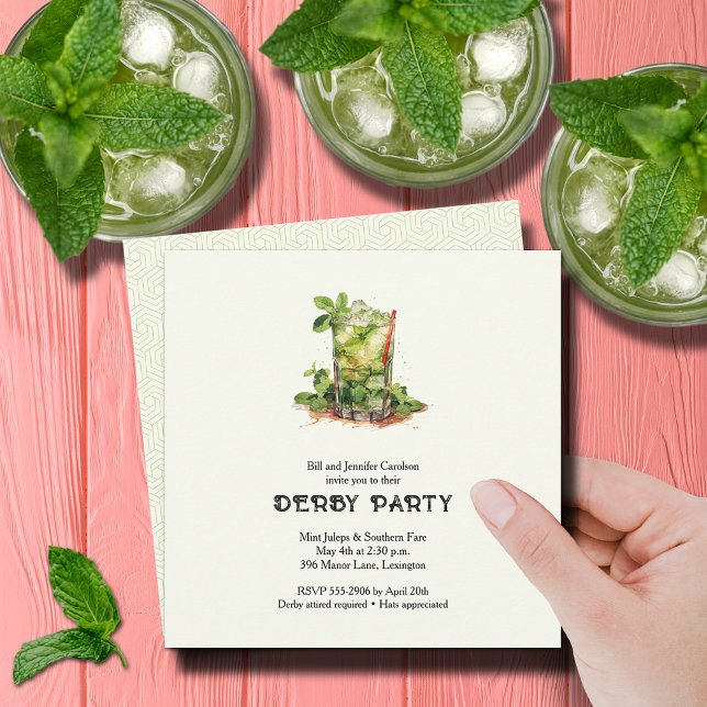 Invitation Julep de menthe à l'aquarelle Derby (Watercolor Mint Julep Derby Party Square Invitations)
