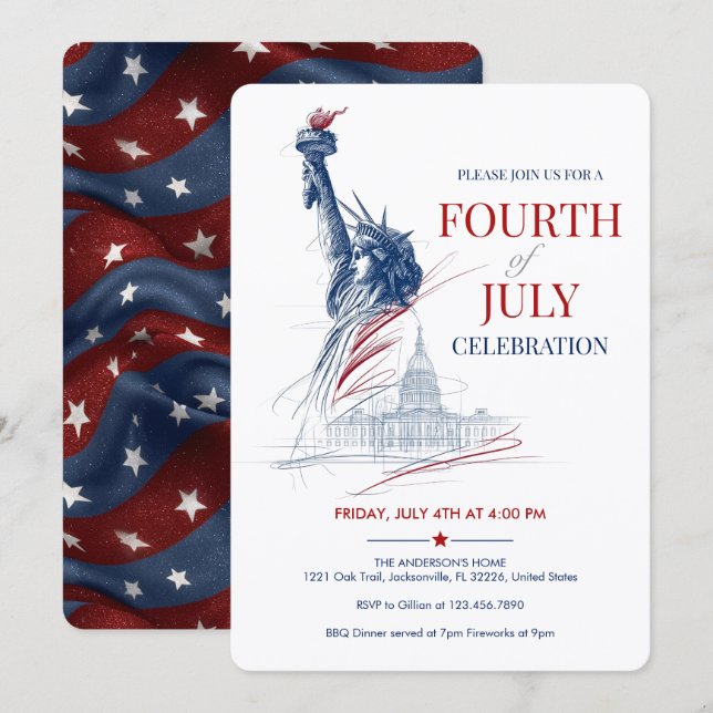 Invitation July 4th USA Flag & Statue of Liberty Illustration (Devant / Derrière)