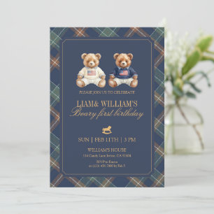Invitation Jumeau garçon Beary premier anniversaire ours en p