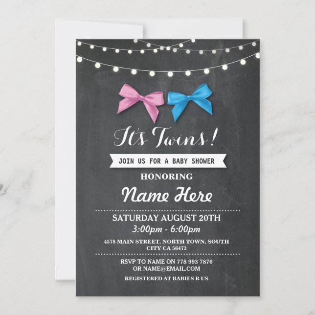 Invitation Jumeau garçon fille Baby shower sexe Reveal Bow In (Devant)