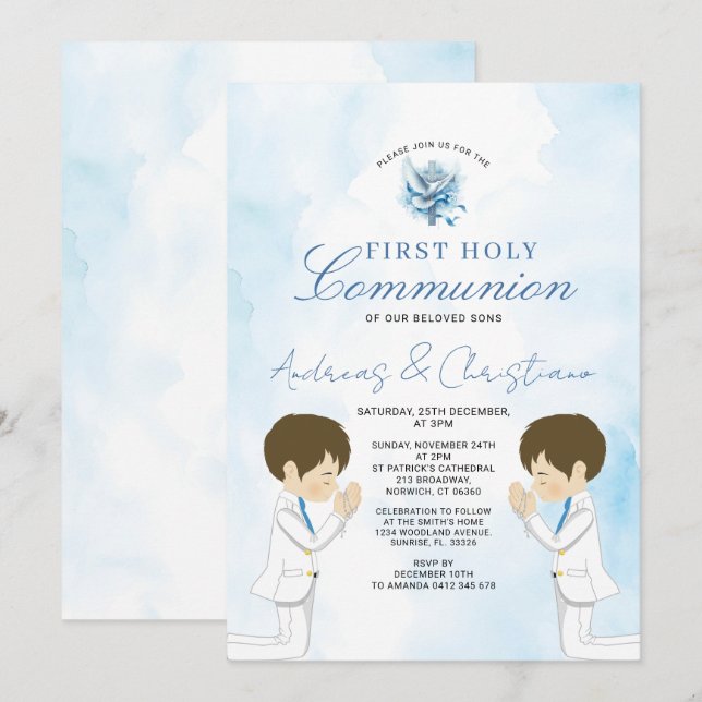 Invitation Jumeau garçon priant 1ère communion Fleurs bleues (Devant / Derrière)